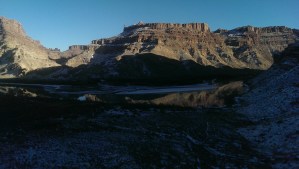 Snow on the ground and ice in the Colorado River! I typically am uninterested in food when exercising hard, but my fellow backpackers convinced me to pack more than 2600 calories per day, and it turned out that I needed all that to stay warm!